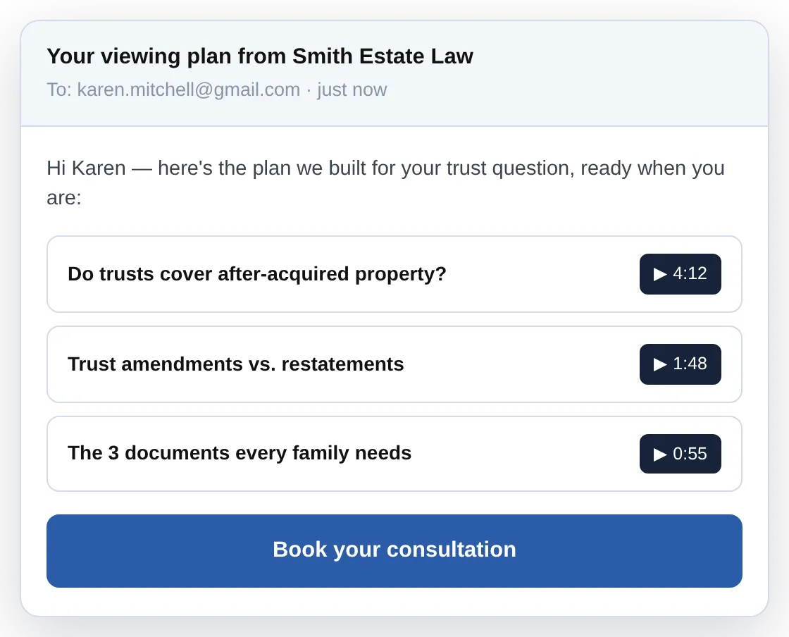 Sample email delivering a personalized video viewing plan with booking link