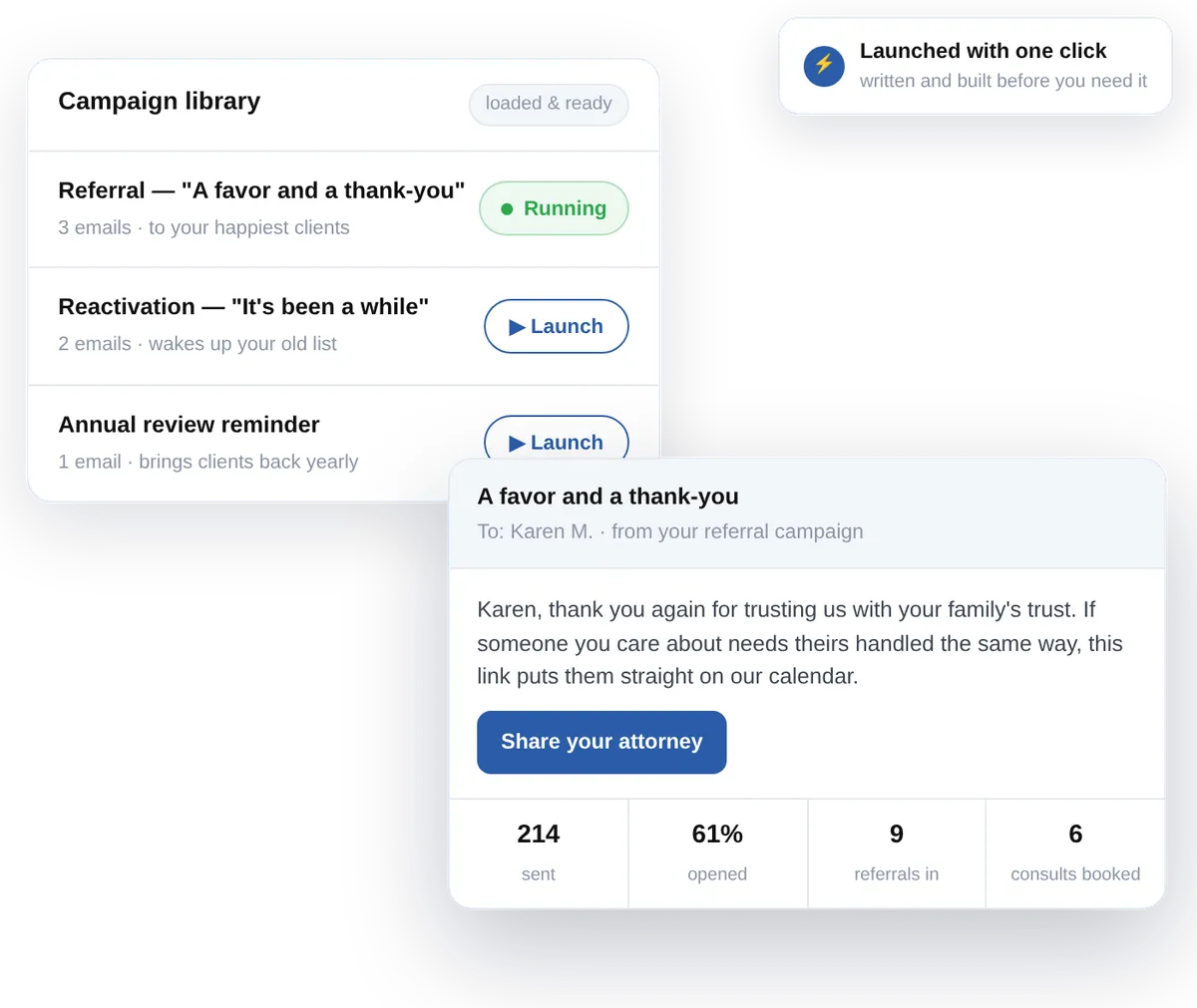 image of refferals and automated email to client asking for refferals