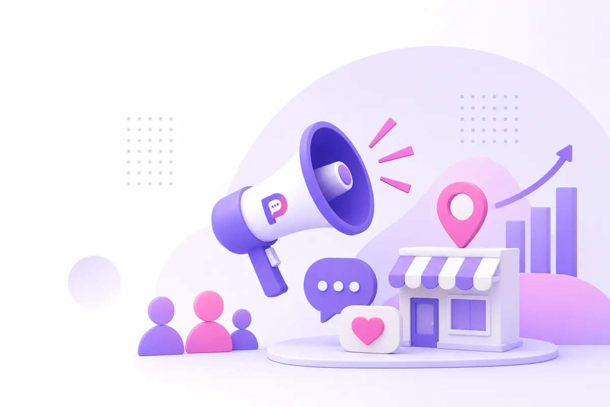 Business team meeting with floating social media icons (likes, hearts, thumbs-up), emphasizing engagement and visibility.