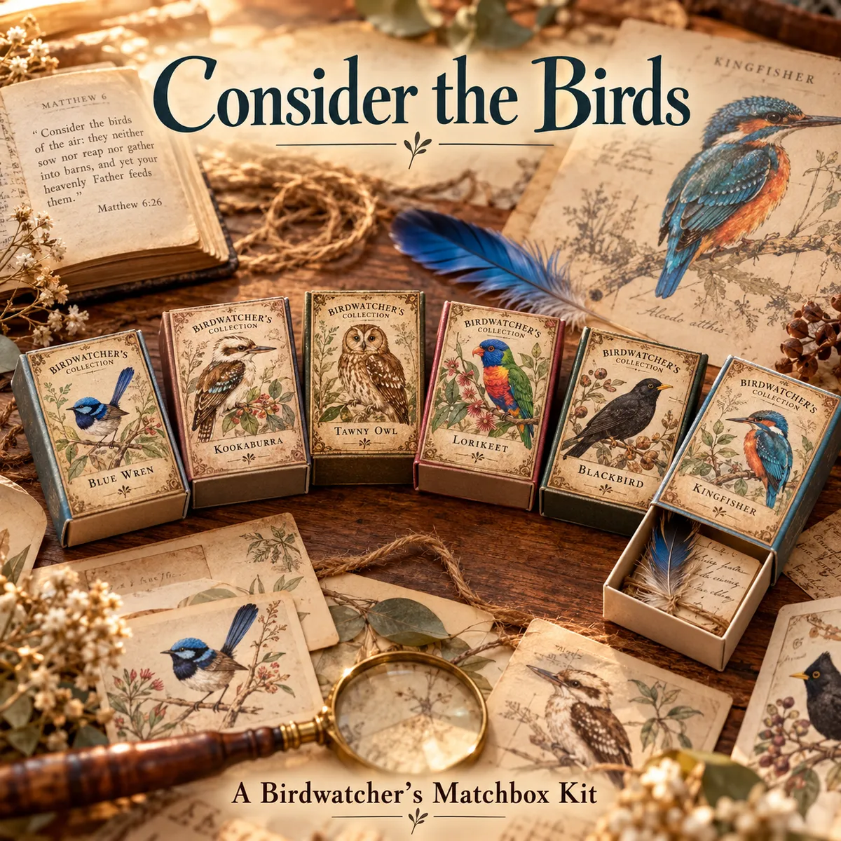 Six vintage bird matchboxes craft kit with botanical illustrations and Scripture verses