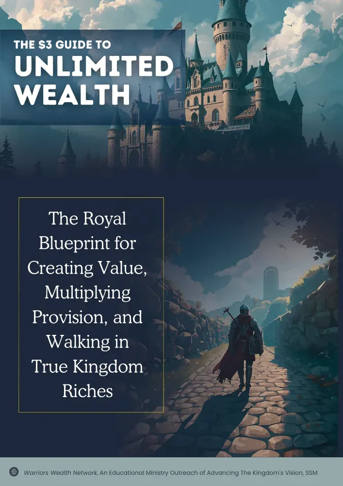 Digital book cover for The $3 Guide to Unlimited Wealth, featuring a royal blue and gold design with subtle kingdom and warrior motifs, elegant serif title, and a radiant light accent behind the book. The cover is modern, clean, and exudes wisdom and strength.