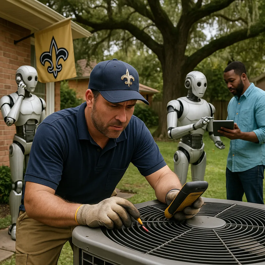Tradesman with robots behind him doing the work he doesn't want to do