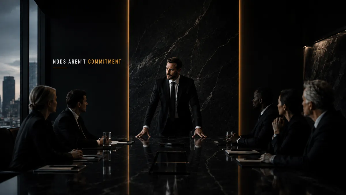 An executive addressing a silent, attentive leadership team in a boardroom