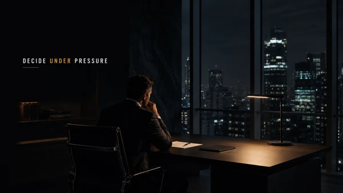 A focused executive making a decision alone in a dimly lit office