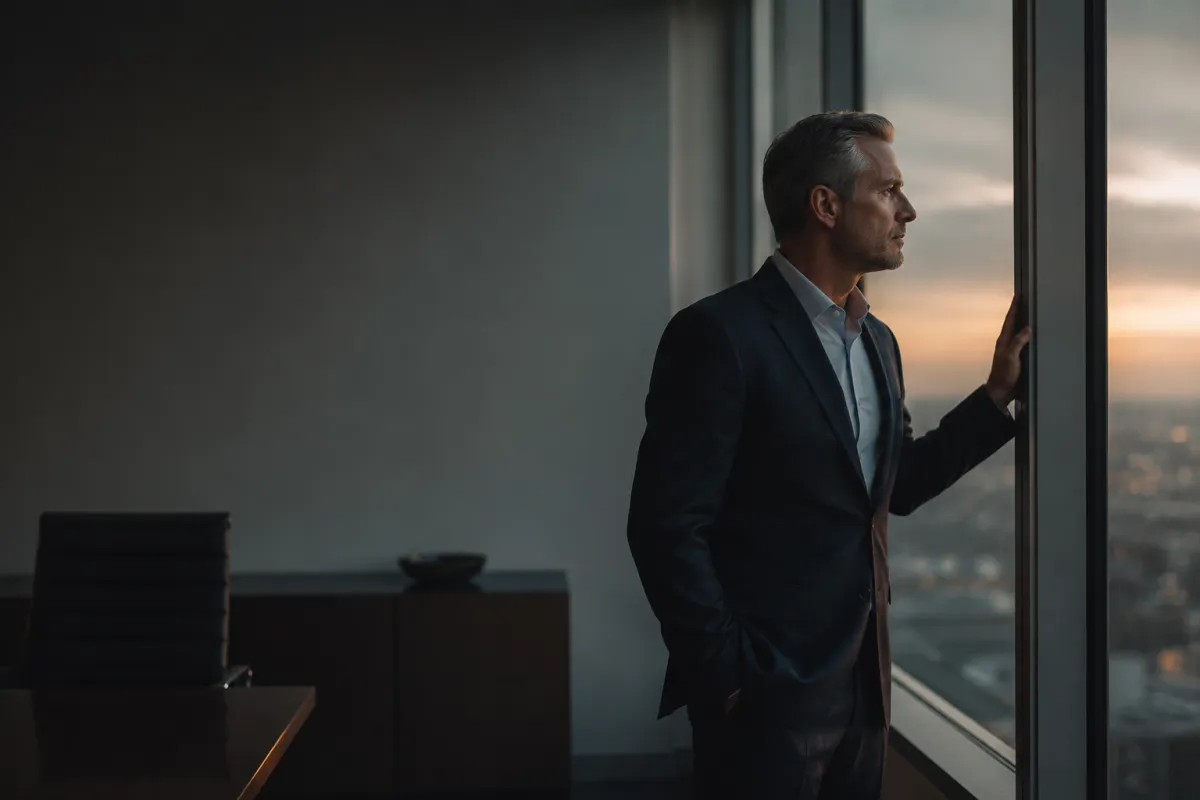 A senior executive alone in a quiet office, considering a decision