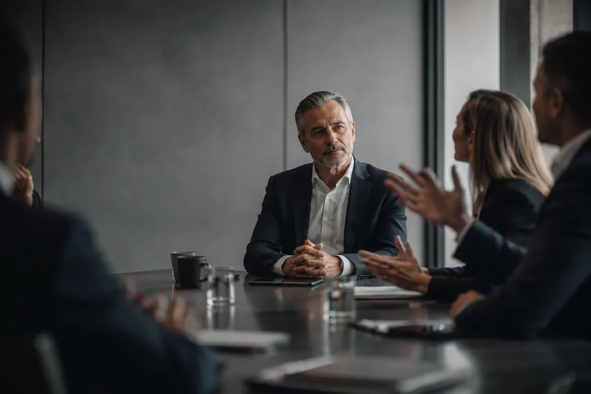 A composed executive listening in a meeting without reacting