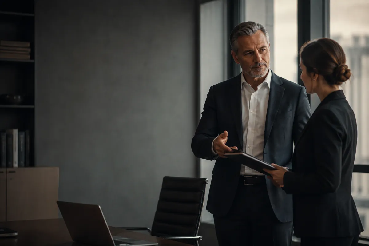 An executive briefing a capable team member and stepping back