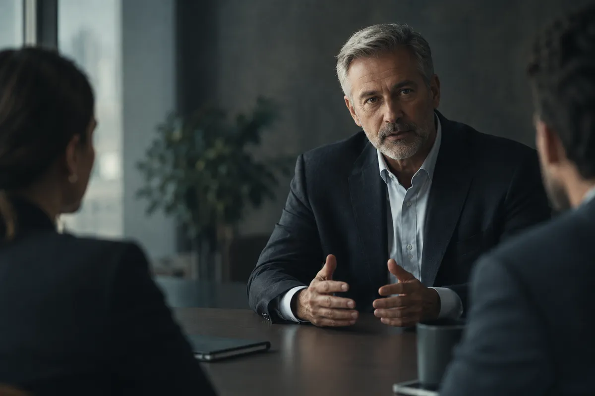 A composed executive speaking directly and calmly across a table
