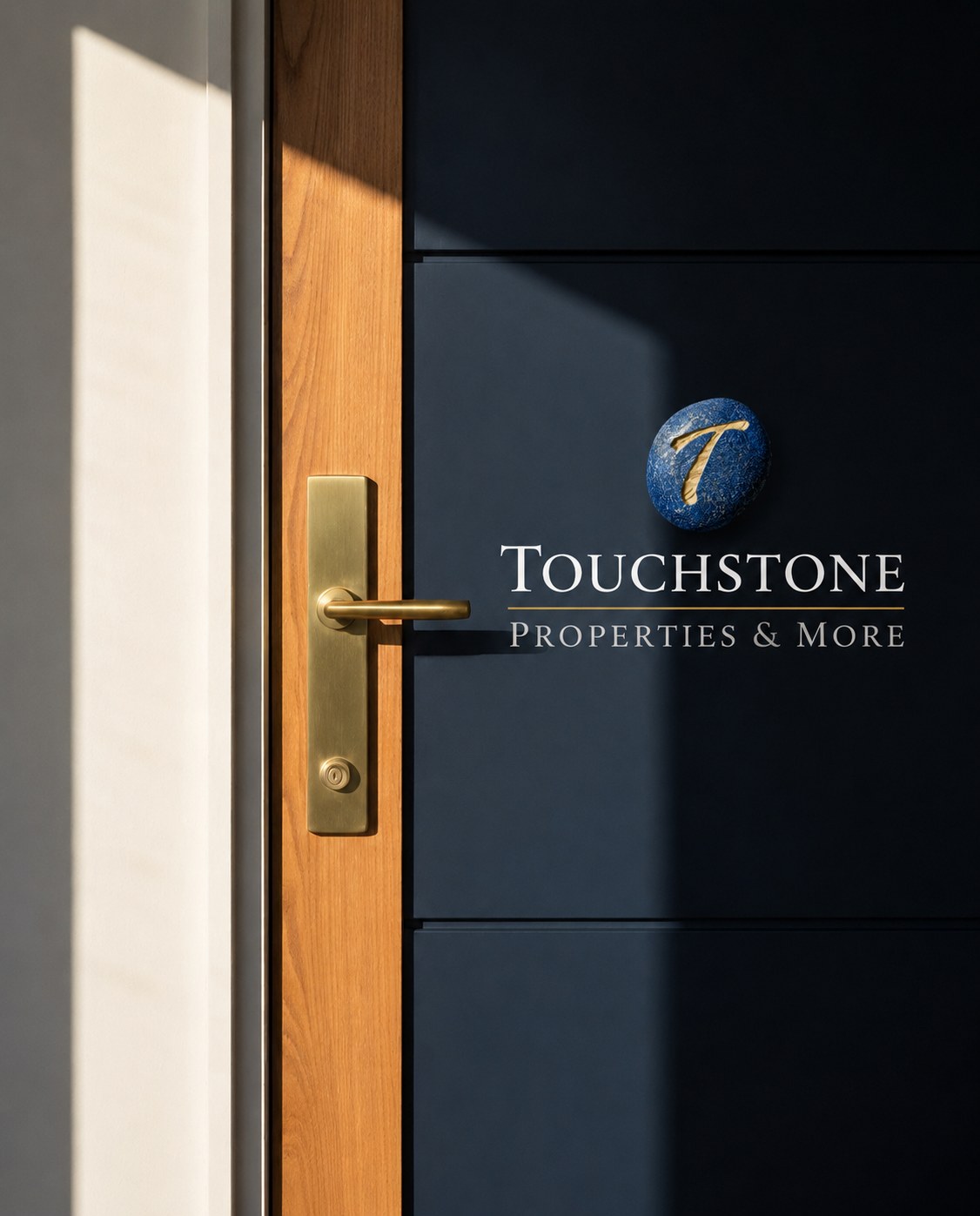 Navy office door with brass handle and Touchstone Properties & More logo in St. Charles