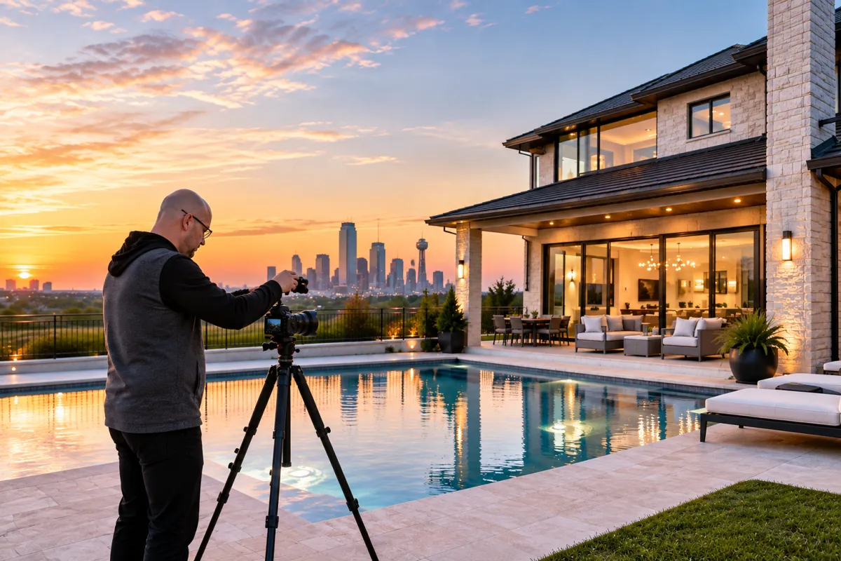 Real estate photographer setting up a camera on a tripod at sunset to shoot a luxury DFW home with a pool and the Dallas skyline in the background