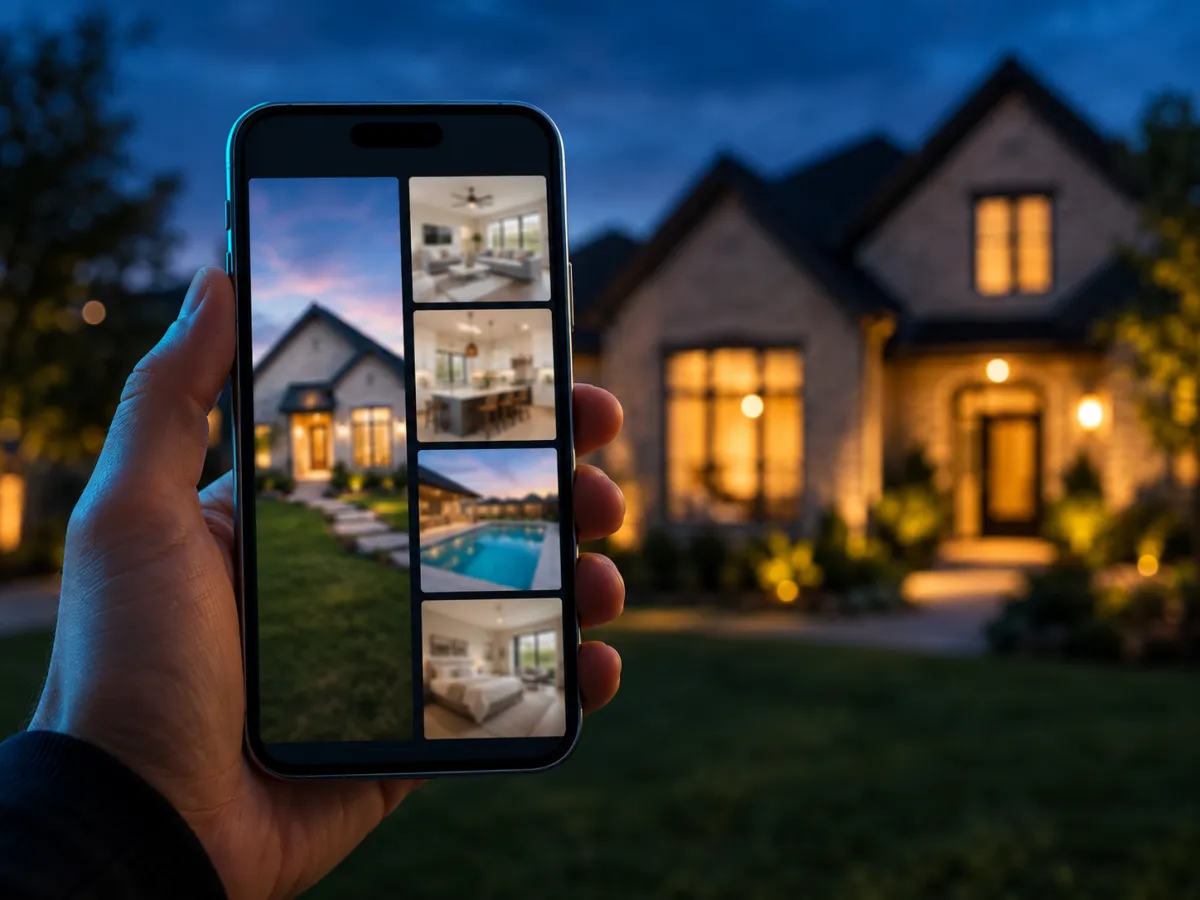 Phone screen showing a five-photo real estate listing gallery in front of a brick DFW home lit at twilight