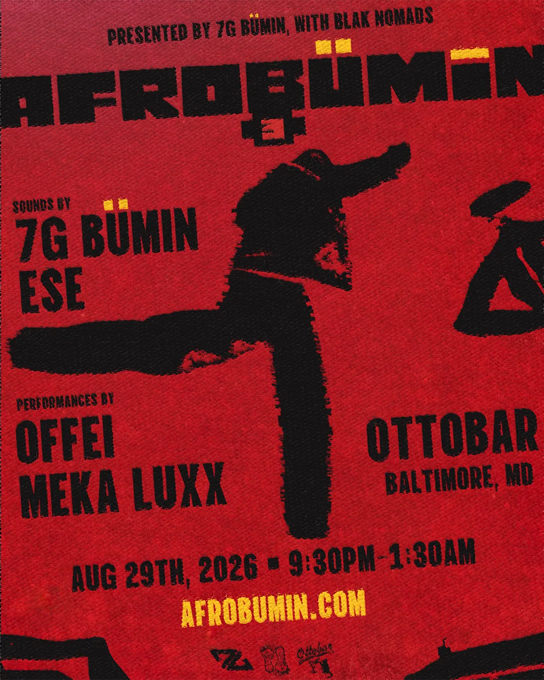 AFROBÜMIN 3 Poster, Red background with back accents, text includes the following: Presented by 7G Bumin, with blak nomads ,AFROBÜIN 3,