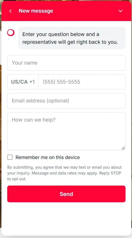 Sidemark SMS opt-in pop-up chat widget with consent box