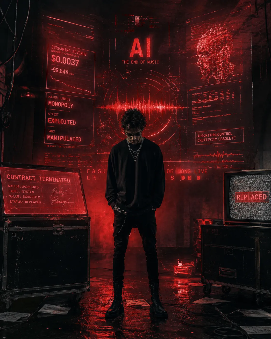 Independent rock artist in futuristic industrial environment representing the future of independent music
