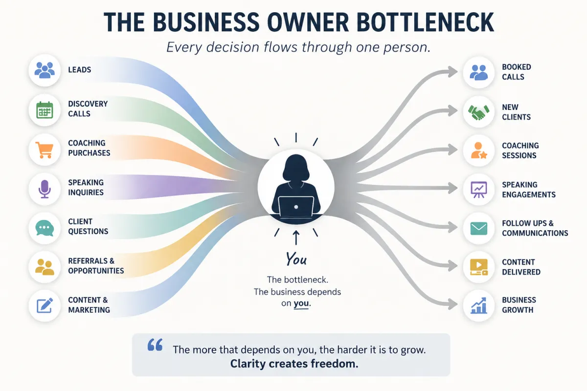 Flowchart showing multiple business activities passing through one business owner, illustrating how growth becomes limited when processes and decisions depend on a single person