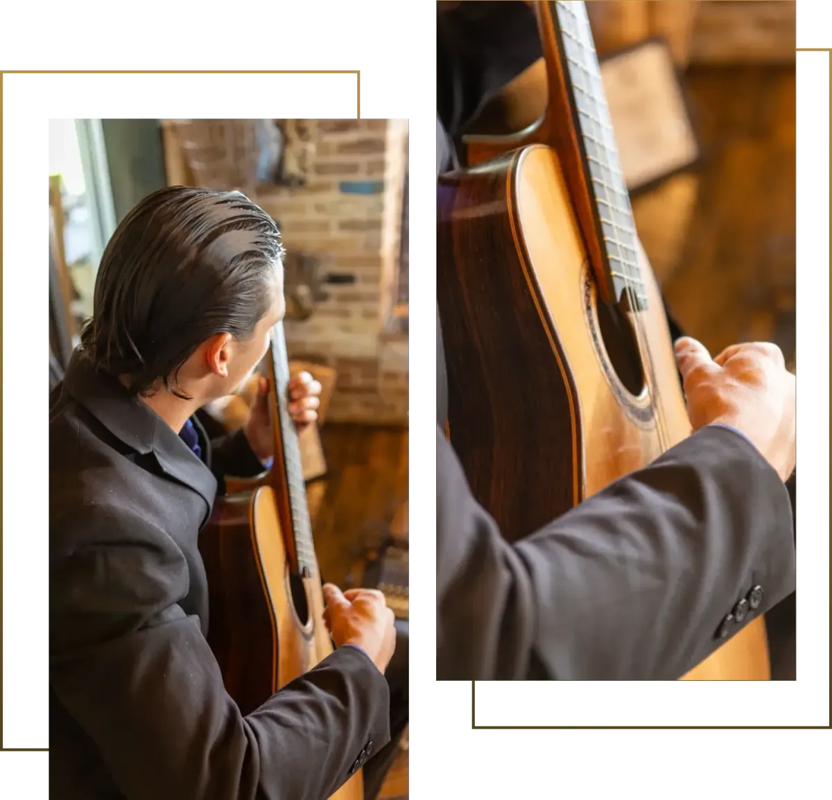 Jonathan Bassett playing classical guitar alongside a close-up of his hands on the guitar, showcasing his skill and connection to the instrument.