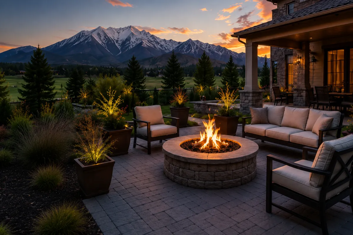 Luxury outdoor entertainment patio with fire pit and decorative concrete