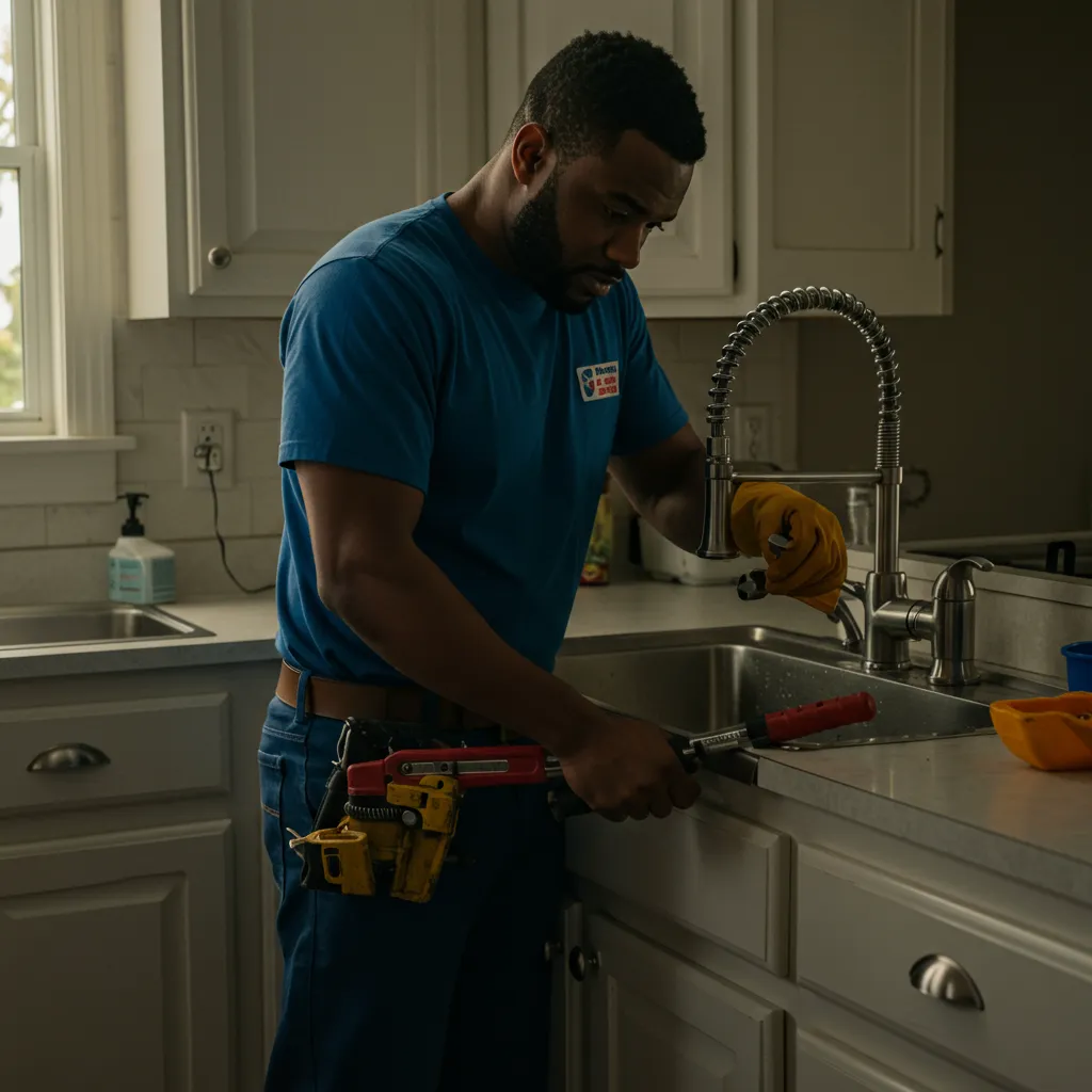 Plumber in blue shirt using tools to repair sink in modern kitchen, emphasizing emergency plumbing services and maintenance.