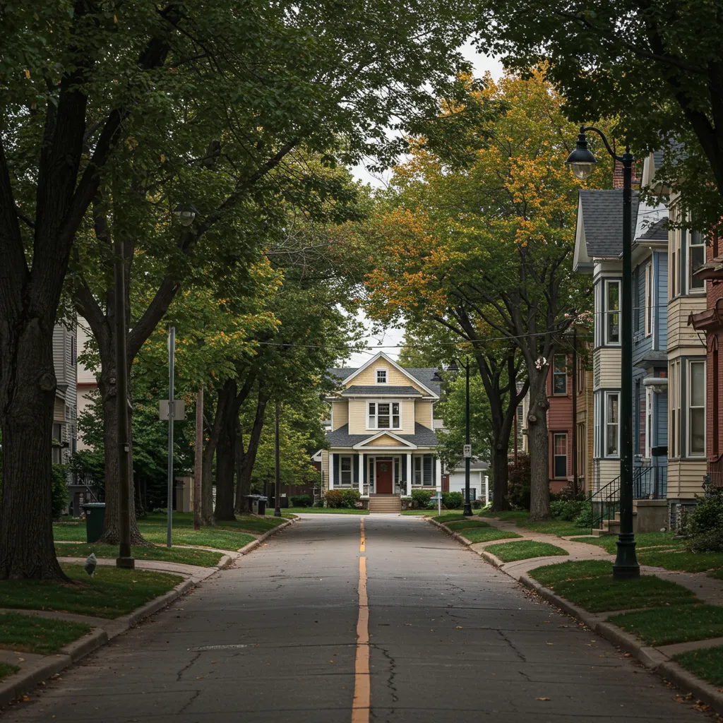 Tree-lined street in a Columbus neighborhood featuring a prominent yellow house, highlighting residential areas served by JA Mechanical LLC for gas installation services.