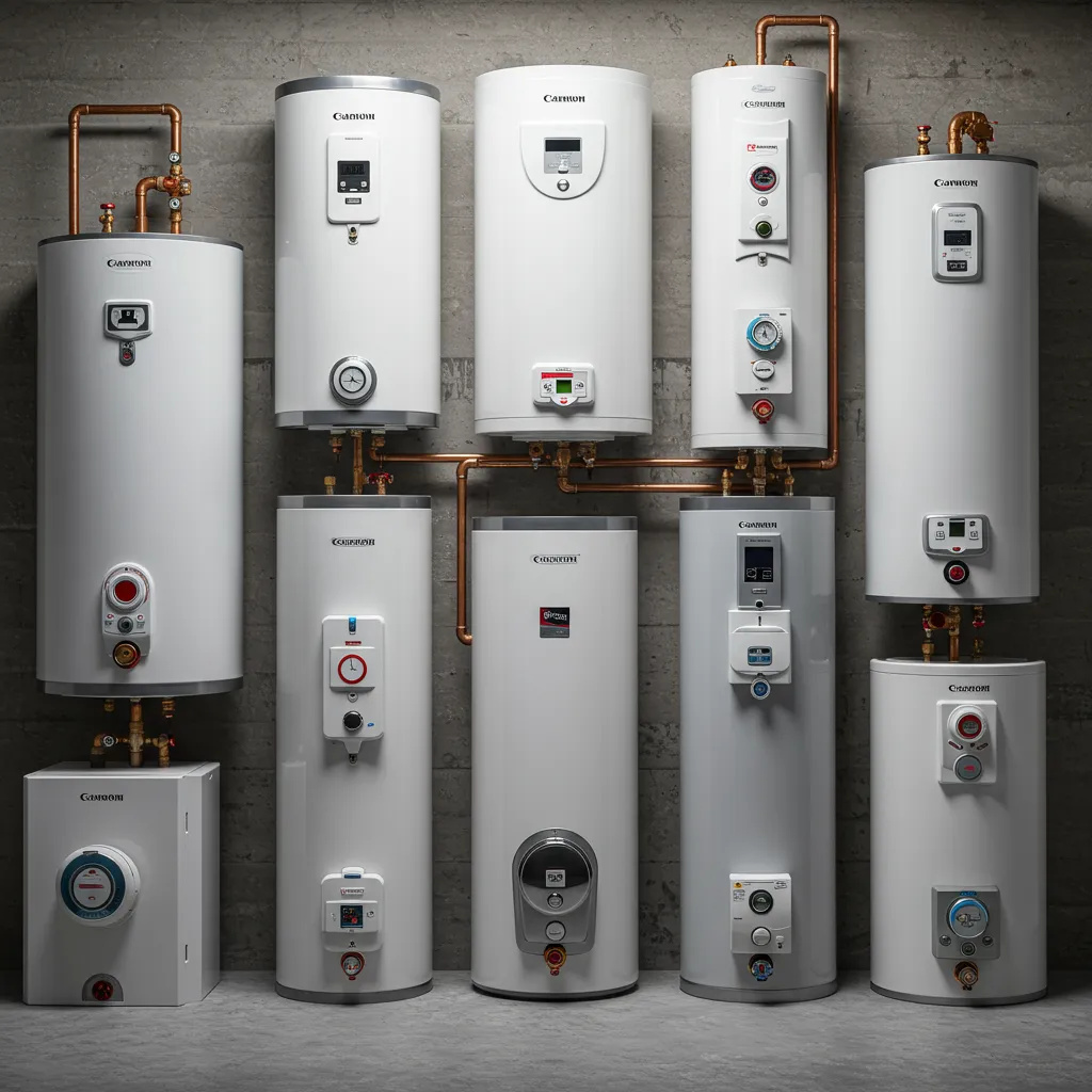 Variety of water heater models including tankless, electric, and traditional gas units displayed in a service area, representing options for Columbus homes' hot water needs.