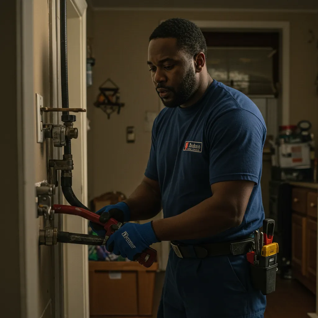 Plumber in blue uniform using pipe wrenches on plumbing fixtures, demonstrating residential plumbing services and repairs.