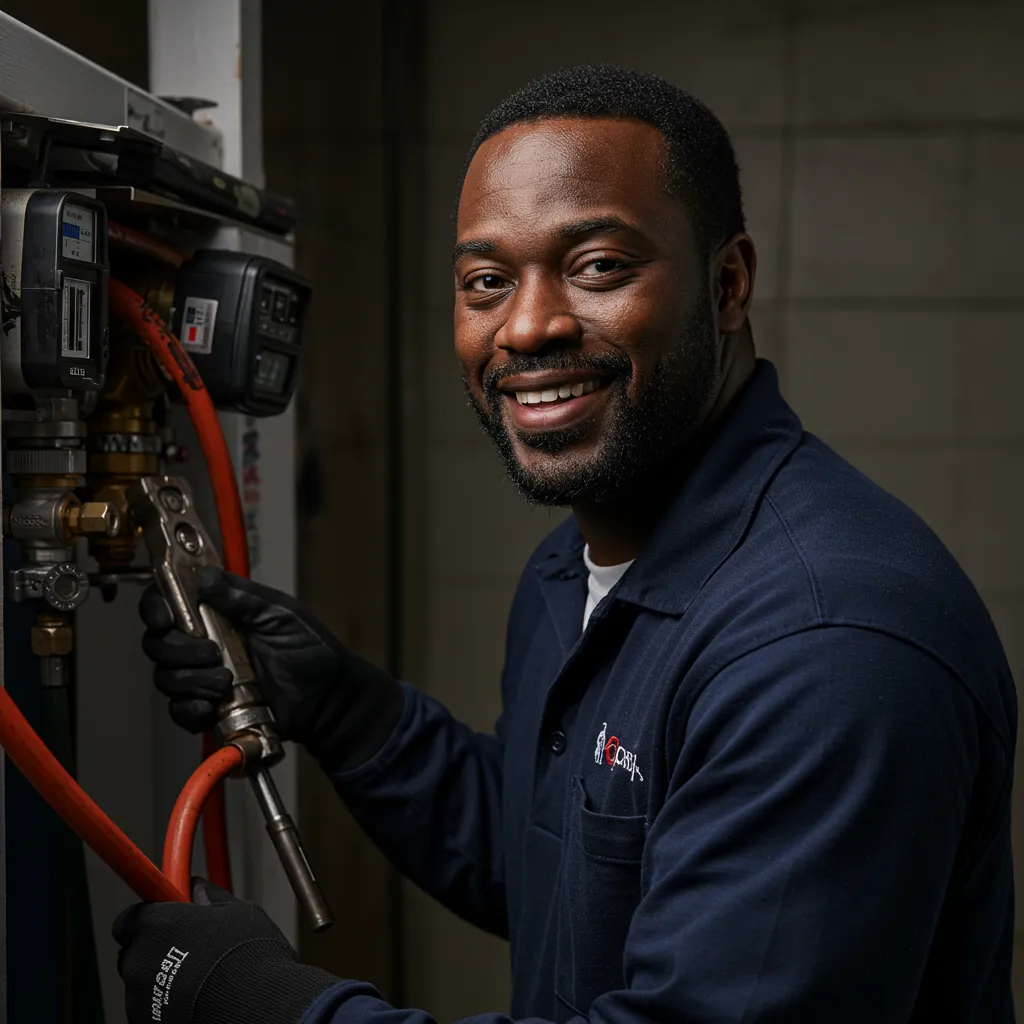Technician smiling while holding a gas line tool, wearing gloves and a navy blue uniform, in a plumbing service environment, emphasizing expertise in gas line installation and safety.