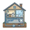 Illustration of a house cross-section showing plumbing systems, including a sink, toilet, and water heater, representing residential plumbing services by JA Mechanical LLC in Columbus, Ohio.