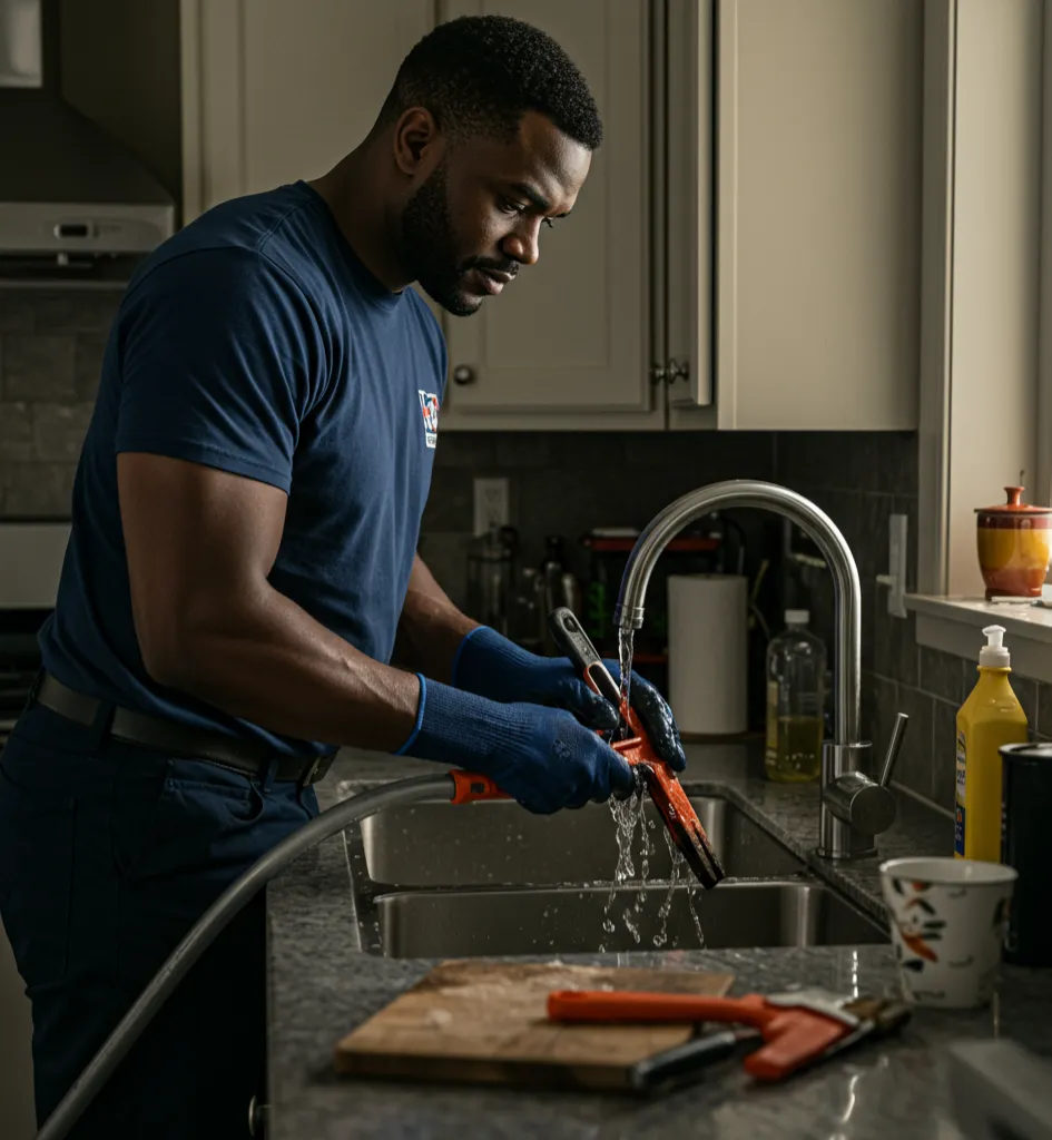 Plumber in blue shirt and gloves working on kitchen sink with tools and water, demonstrating plumbing services for residential drainage issues.