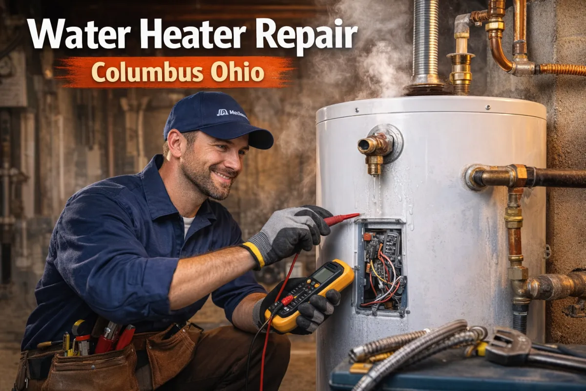 crew member performing water heater repair