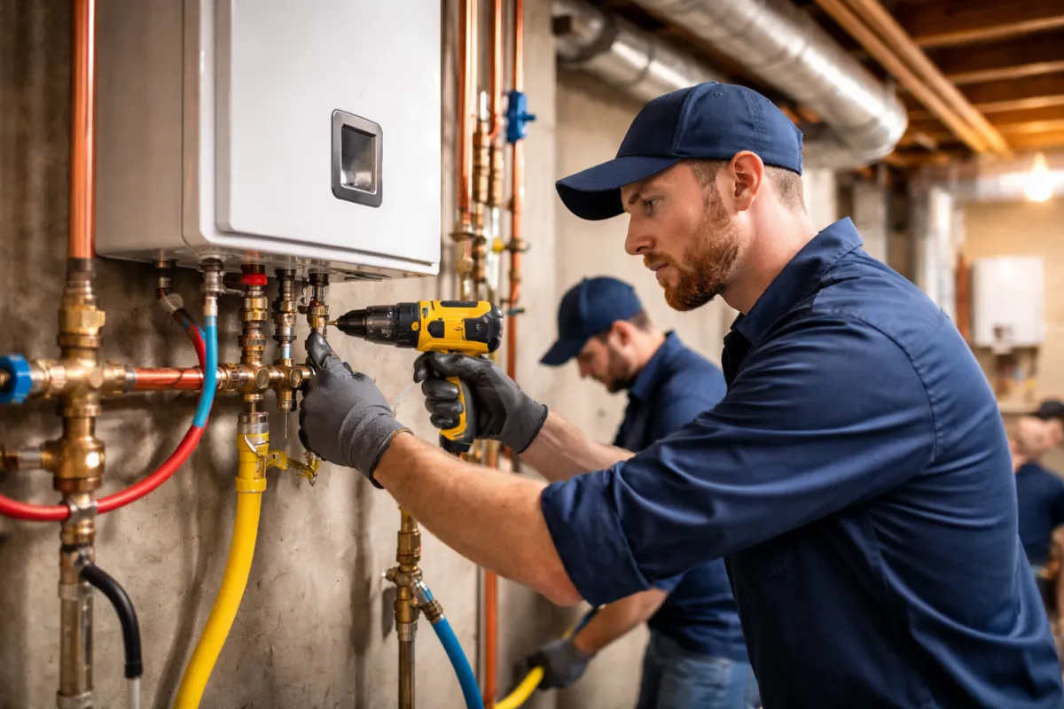 crew member working on residential tankless water heater system