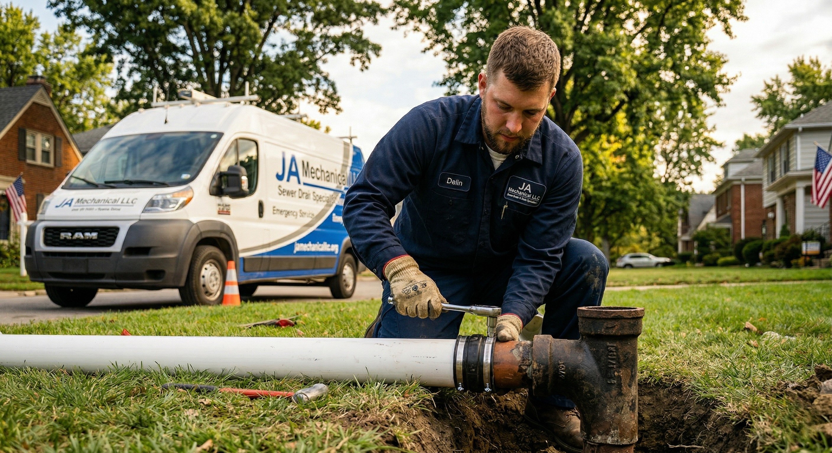 crew member working in front yard sewer line