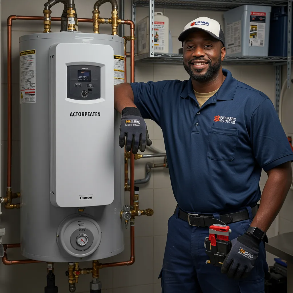 Plumber standing next to a modern water heater, showcasing plumbing expertise and service readiness in a residential setting.