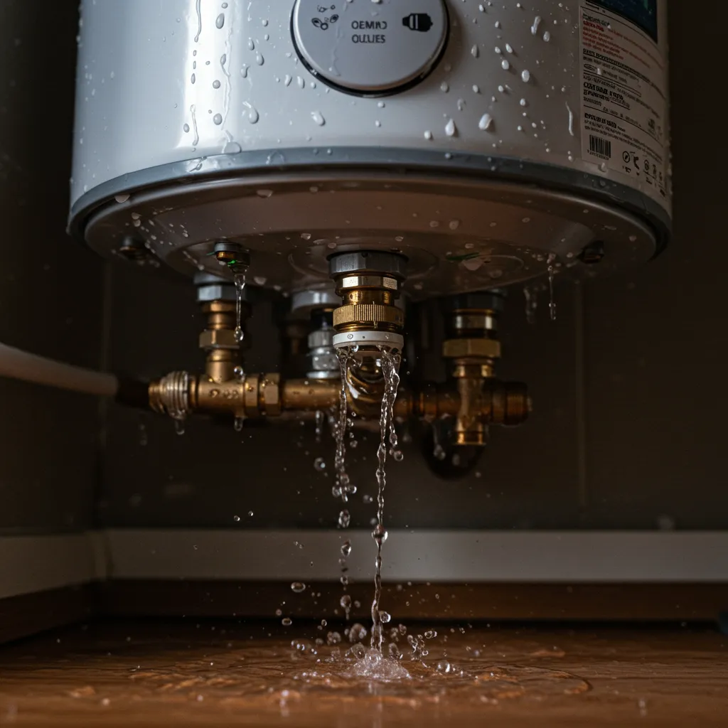 Water heater leaking from the base with visible droplets and plumbing connections, illustrating the need for maintenance and repair services by JA Mechanical in Columbus, Ohio.