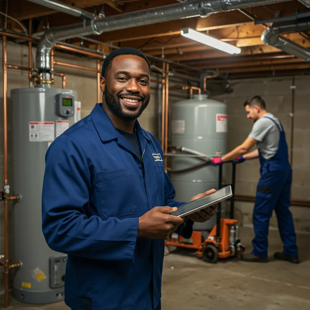 Smiling technician in a blue uniform holding a tablet in a basement with water heaters, while a colleague works on a water heater installation.