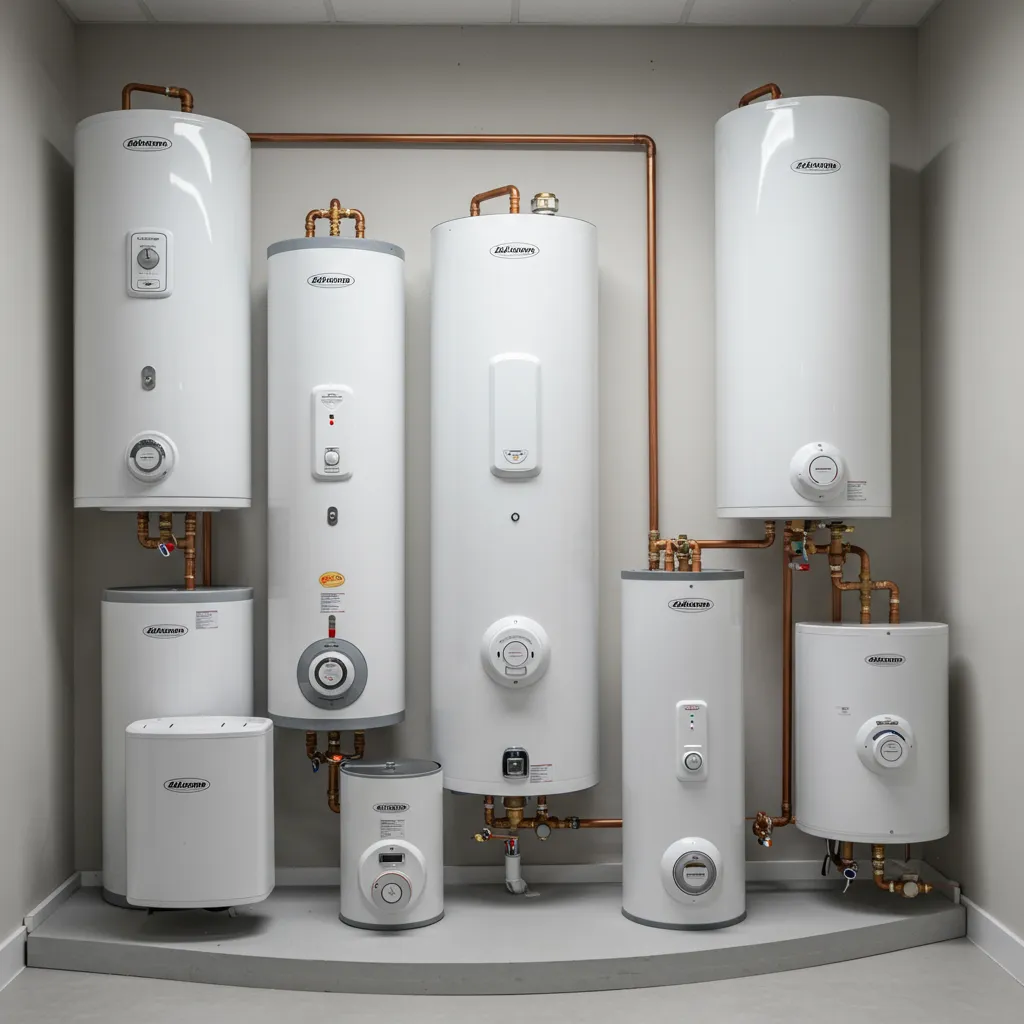 Array of various water heaters including traditional tanks and tankless models, showcasing control panels and plumbing connections, relevant to JA Mechanical's water heater services in Columbus.