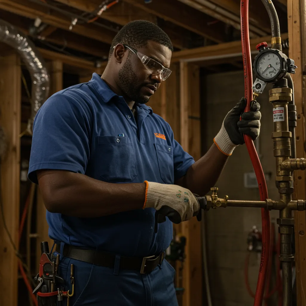 Technician in blue uniform working on gas line installation, using tools and checking pressure gauge, emphasizing safety and precision in residential gas services.