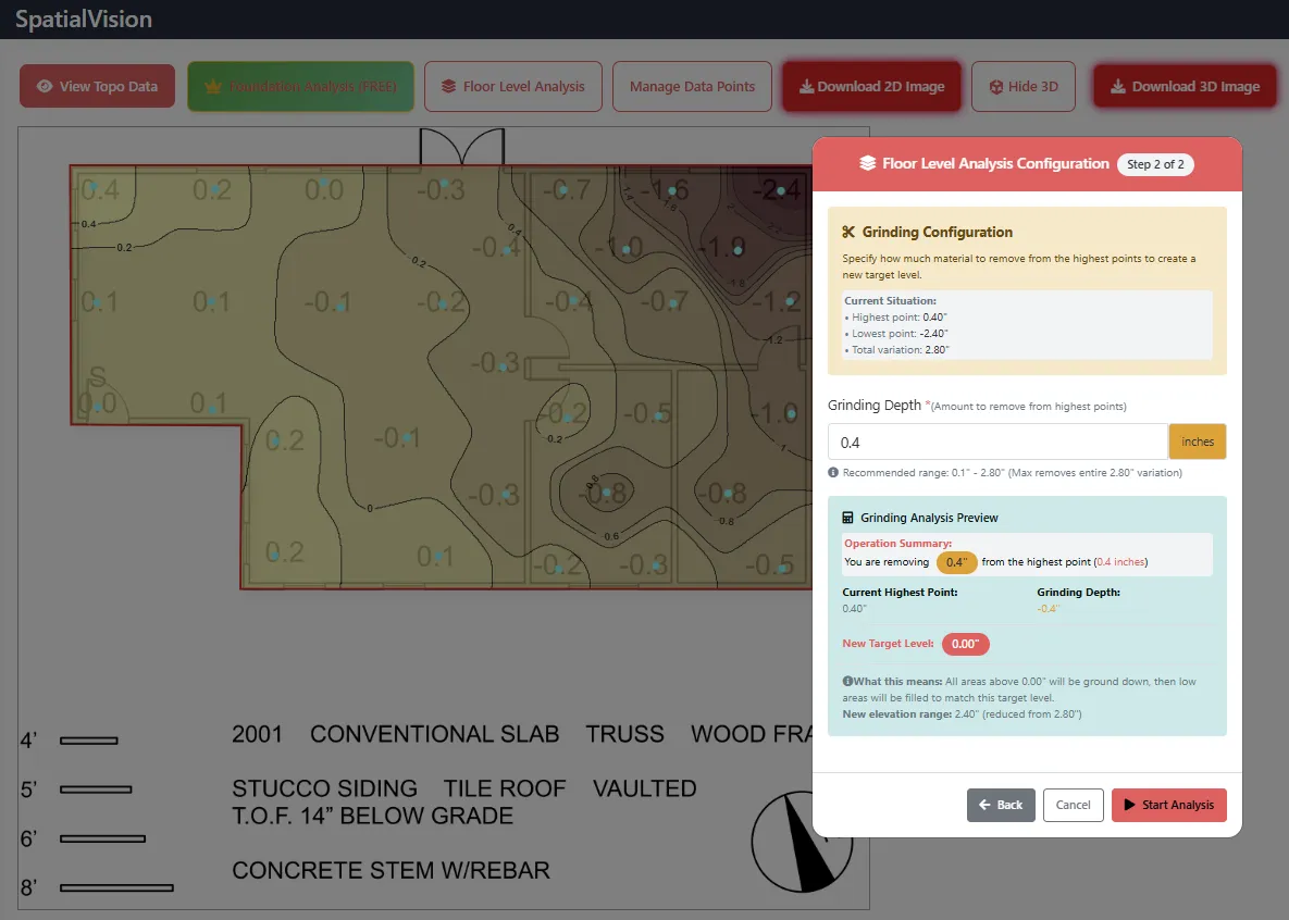 3D topographic model showing grind fill analysis for flooring contractors