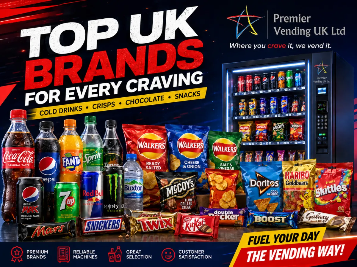 A vending machine sells snacks and drinks.