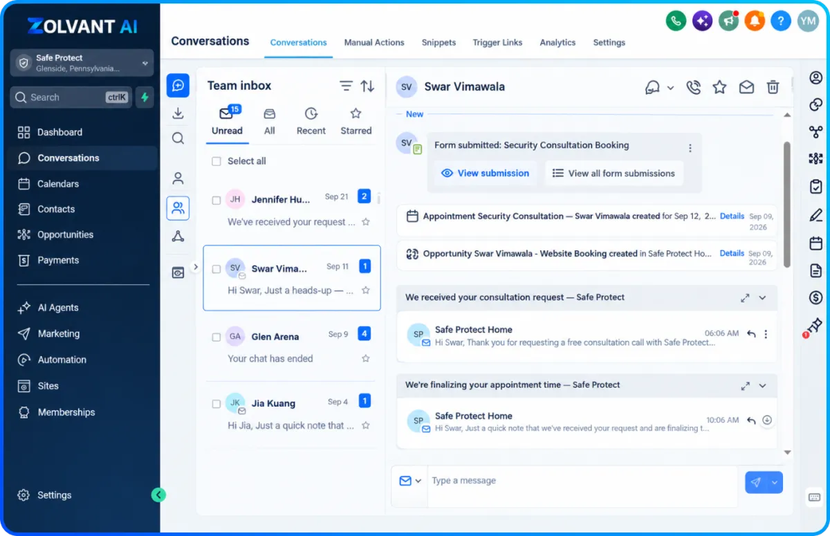Zolvant AI unified inbox showing leads from calls, forms, and messages