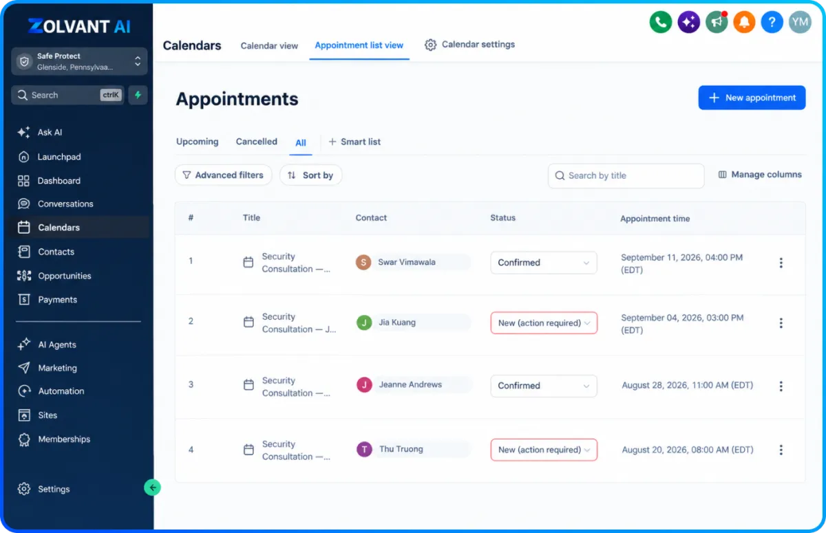 Zolvant AI appointment calendar showing automated booking, confirmations, and reminders