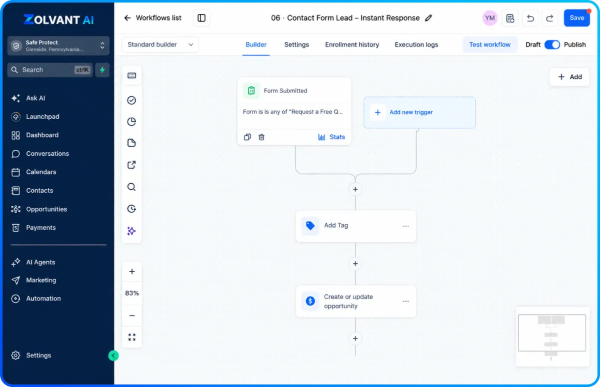 Zolvant AI automated SMS and email follow-up workflow for new leads