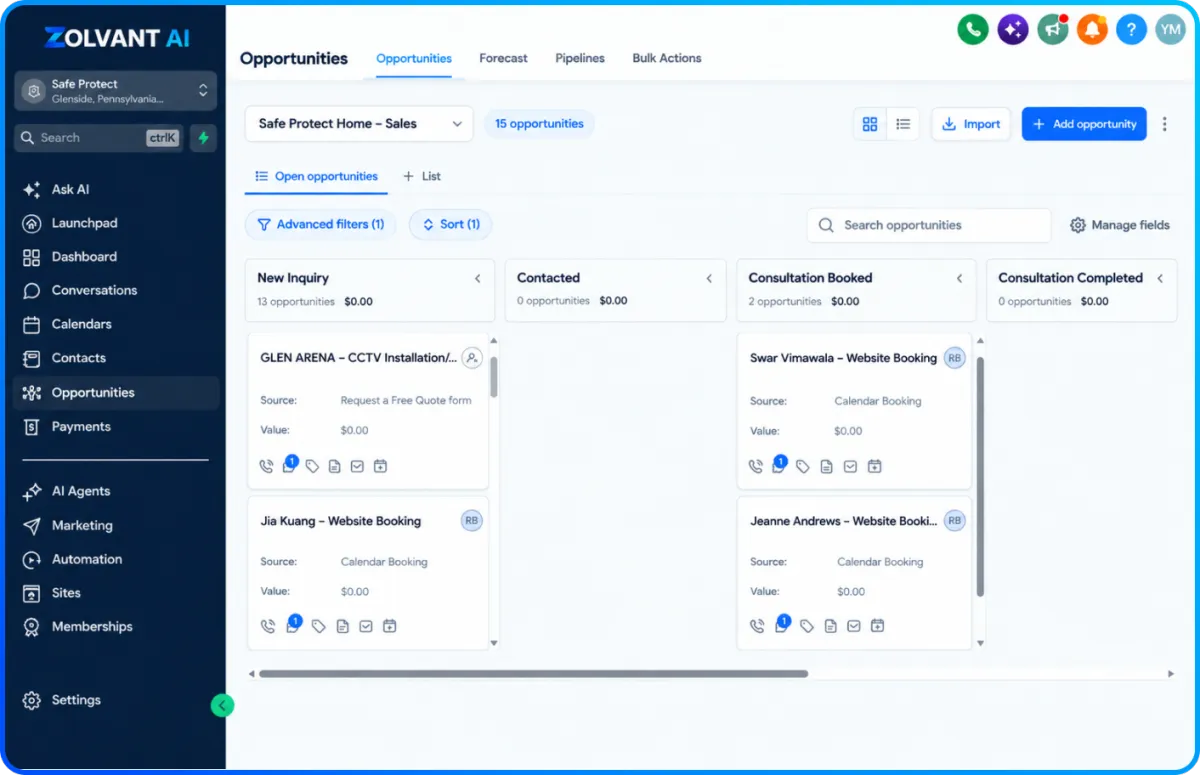 Zolvant AI sales pipeline showing leads moving from new inquiry to closed deal