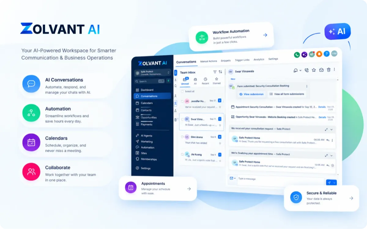 Zolvant AI workspace with AI conversations, automation, calendars and team inbox
