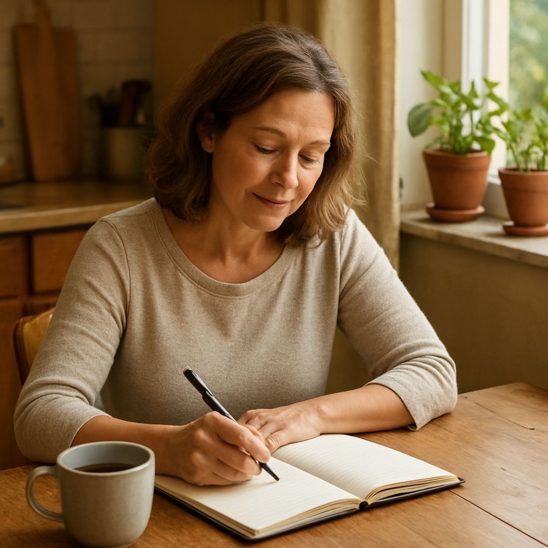 Brunette lady wearing glasses and writing in a journal.