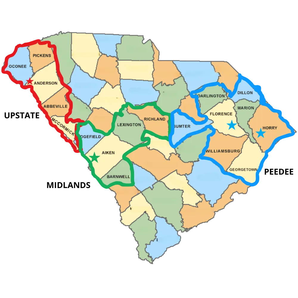 map of upsate, midlands, and pee dee neighborhoods