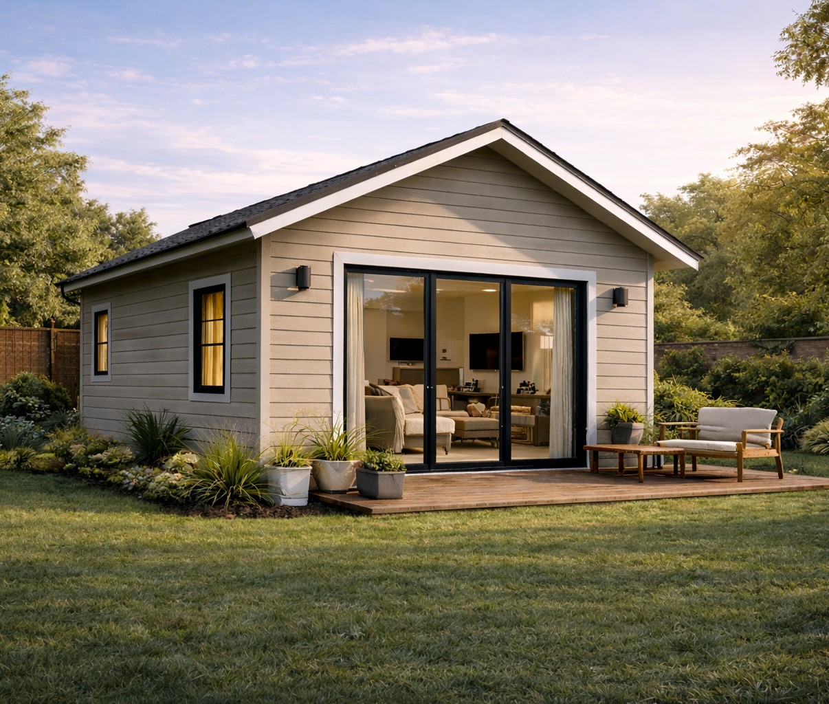 Detached ADU: Illustration of a separate backyard cottage labeled “Detached ADU” with features like privacy, rental income potential, and flexible layouts.