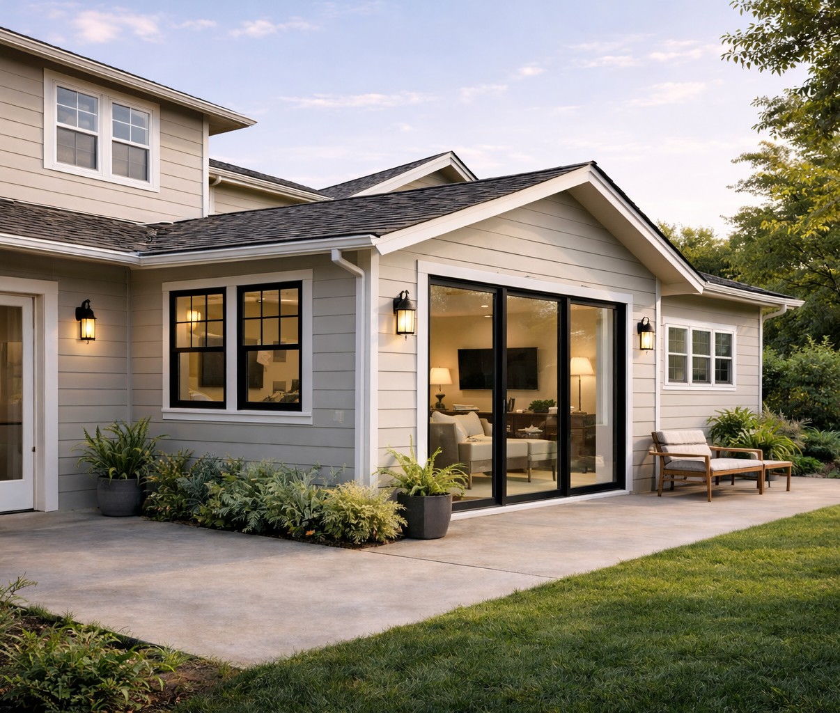 Attached ADU: Illustration of a home addition labeled “Attached ADU” highlighting shared utilities, family living, and cohesive home design.