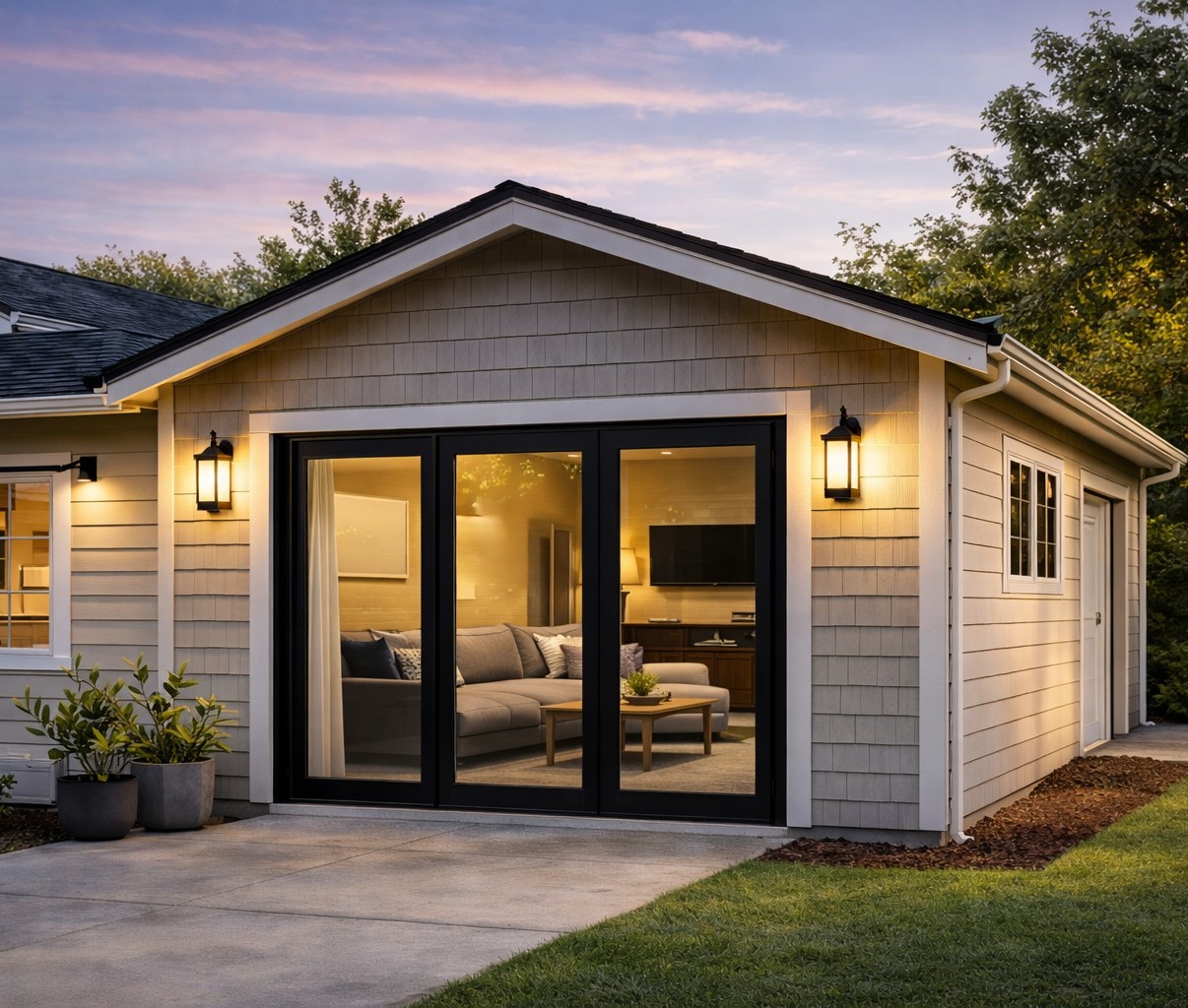 Garage Conversion ADU: Illustration of a converted garage labeled “Garage Conversion ADU” emphasizing cost efficiency, quick build time, and flexible living space.