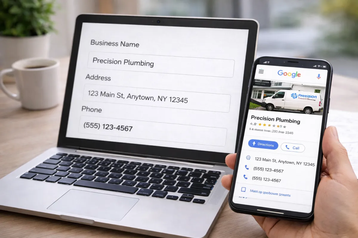 Laptop and phone showing consistent local business name address and phone details