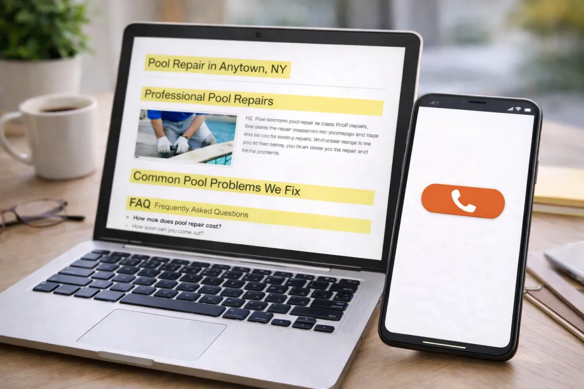 Laptop showing a local service page layout with headings and FAQ section highlighted